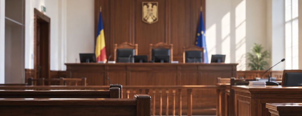 Sală de judecată goală, văzută dinspre băncile destinate publicului, cu prezidiul, drapelul României și drapelul Uniunii Europene.